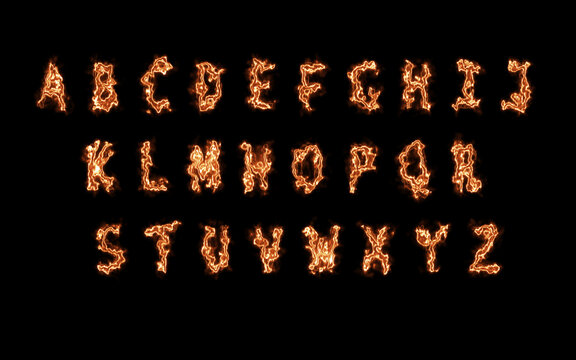 Burning Letters Set isolated on black Background. Smoky Spooky Letters with Fire Flames and smokes. Hot Creative Text for Hot Projects 