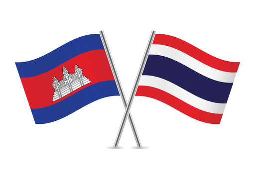 Cambodia and Thailand crossed flags. Cambodian and Thai flags, isolated on white background. Vector icon set. Vector illustration.