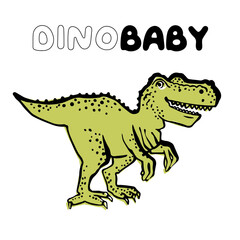 Tyrannosaur dino baby. Cute t rex dinosaur doodle card design. Funny Dino collection. Textile design for baby boy on white background. Cartoon monster vector illustration.