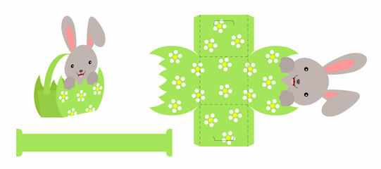 Simple packaging favor box bunny design for sweets, candies, presents, bakery. DIY package template for any purposes, birthdays, baby showers, Easter. Print, cutout, fold, glue. Vector illustration