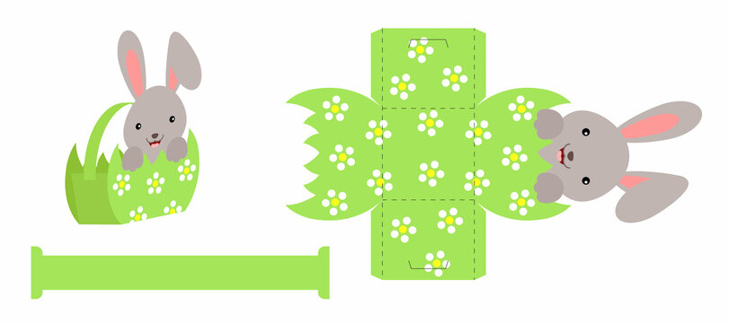 Simple packaging favor box bunny design for sweets, candies, presents, bakery. DIY package template for any purposes, birthdays, baby showers, Easter. Print, cutout, fold, glue. Vector illustration