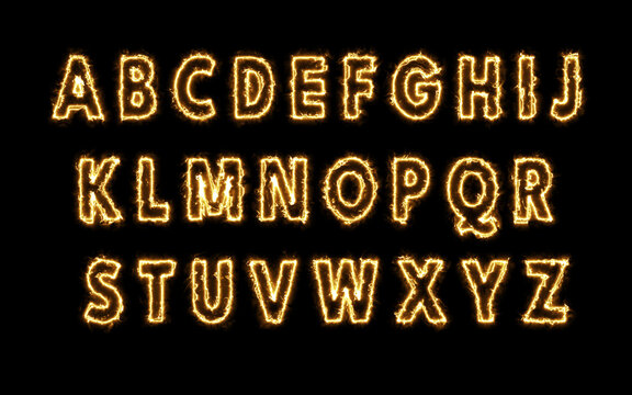 Capital letters with Fusion Effect Smokes and Flames. Yellow Fiery Energetic  Alphabets Set Isolated on Black Background 