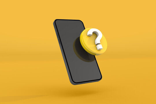 3d icon question and smartphone on yellow background
