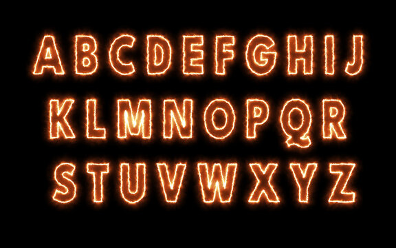 Capital letters Burning Outline with Solar Fire Effect . Orange Fiery Alphabets Set Isolated on Black Background 