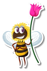 Funny bee holding a flower cartoon character sticker