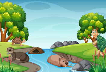 Obraz na płótnie Canvas River in the forest scene with wild animals