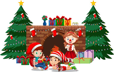 Happy children celebrating Christmas on white background