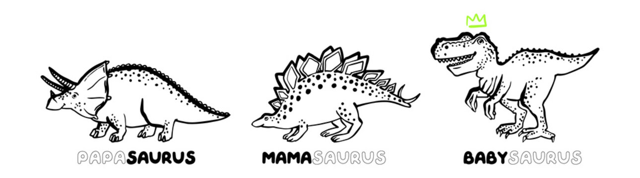 Doodle family dino saurus. Cute dinosaur doodle card or poster. Funny Dino collection. Textile design for baby boy on white background. Cartoon monster vector illustration.