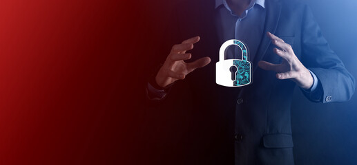 Cyber security network. Padlock icon and internet technology networking. Businessman protecting data personal information,virtual interface. Data protection privacy concept. GDPR. EU.digital crime