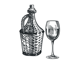 Wine jug and wine glass isolated on white background, hand-drawing. Vector vintage engraved illustration.