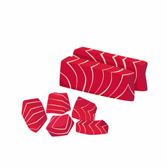 Tuna fish fillet steak with cutting pieces. Vector stock illustration isolated on white background for recipe book, restaurant menu, packaging design. 