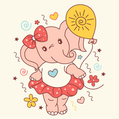 Cute and funny animal doodle illustration of elephant cub girl in dress lovely fun pink concept.Cartoon print, kids poster, can be used as fashion print for tee, t shirt, square post