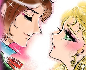 70年代少女漫画かっこいい王子様を見つめる金髪緑の瞳のお姫様のイラスト - obrazy, fototapety, plakaty