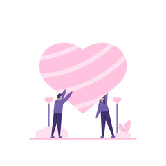 illustration of a couple or a team preparing for a valentine's day party. celebrate valentine's day. flat cartoon style. vector design. elements, ui, landing page