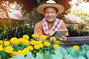 Asian middle aged man is relaxing with his free time by using his taplet to take photos and to store the growing data beside the vegetable beds in the backyard of his house. Soft and selective focus.