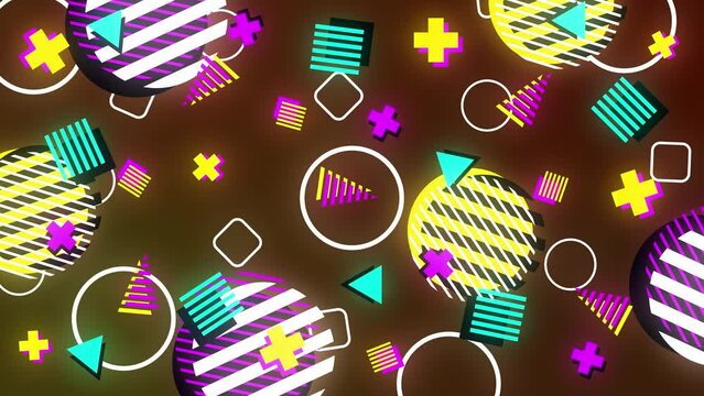 Retro abstract  90's style design background animation. Neon geometrical shapes of different vintage colors. Seamless loop 4k pop art design. Vibrant rainbow changing colors.