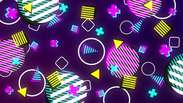 Retro abstract  90's style design background animation. Neon geometrical shapes of different vintage colors. Seamless loop 4k pop art design.Violet, yellow, purple, green, blue, cyan and pink colors. 