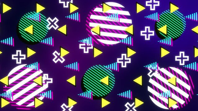 Retro abstract  90's style design background animation. Neon geometrical shapes of different vintage colors. Seamless loop 4k pop art design.Violet, yellow, purple, green, blue, cyan and pink colors. 