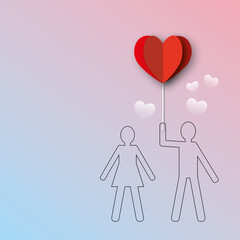 Young couple with red balloon heart on pastel background. Greeting card for Valentine or Wedding, love concept. space for the text. paper art design style.