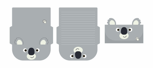 Cute Lovely koala letter writing stationery paper laser cutting card template. Animal design for greeting, invitation, thank you cards. Vector stock illustration.