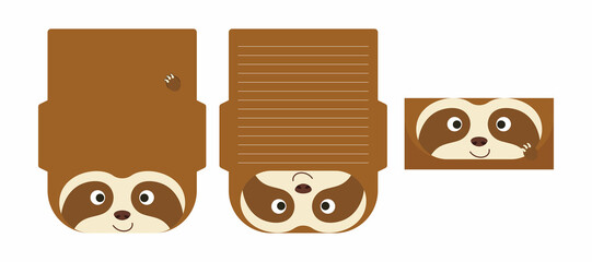 Cute lovely sloth letter writing stationery paper laser cutting card template. Animal design for greeting, invitation, thank you cards. Vector stock illustration.