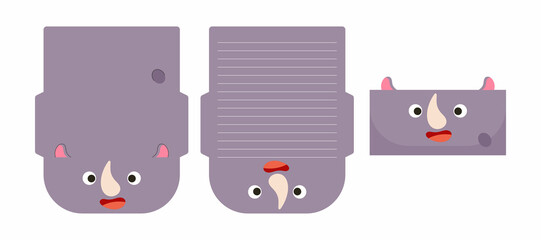 Cute lovely rhino letter writing stationery paper laser cutting card template. Animal design for greeting, invitation, thank you cards. Vector stock illustration.