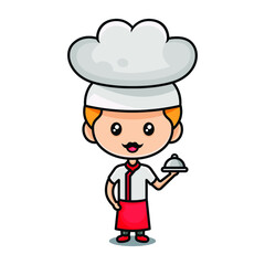 Chief cook with tray for food. Vector illustration