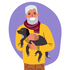 Men with dog, best friends, walk with pets, color flat illustration