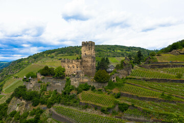 Fototapeta na wymiar Panoramic view of Gutenfels Castle in the Rhine Valley near the village of Kaub, Germany. Rhineland-Palatinate, Upper Middle Rhine