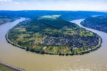 Panoramic aerial view of the Rhine loop or sinuosity near the city of Boppard. Gedeon Neck lookout...