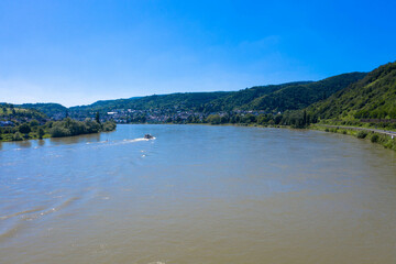 Aerial view of Middle Rhine Valley. Drone photography, Shipping traffic in the Middle Rhine Valley. Rhineland-Palatinate, Germany