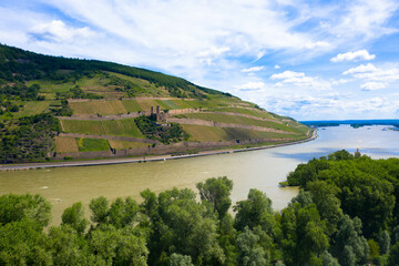 Aerial view of Middle Rhine Valley with some vineyards. Drone photography. Rhineland-Palatinate, Germany