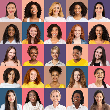 Female positive portraits. Set of happy diverse ladies smiling over bright colorful studio backgrounds