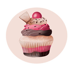 Sticker with a cupcake in pink and brown colors and candy and waffle on top