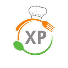 Letter XP Restaurant Logo with Chef Hat Spoon And Fork Template. Restaurant Logo On Letter XP Barbecue, Cafe Logo Vector