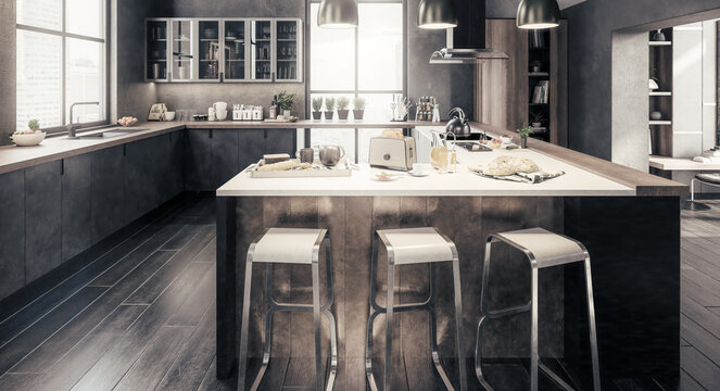 Luxury Penthouse Loft Kitchen  - panoramic black and white 3D Visualization