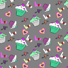 Vector seamless love symbol half-drop pattern, with stylish hearts, cupcake and word 