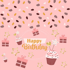 Happy birthday greeting card template with glitter stars and cupcake, vector illustration, hand drawn style