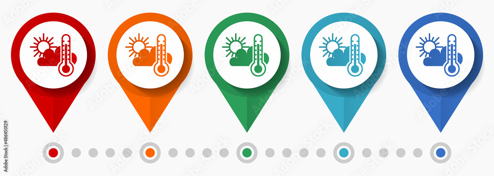 Aufkleber weather forecast concept vector icon set, flat design pointers, infographic template