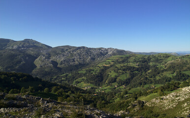 Obraz premium Mountainous part of Cantabria in the north of Spain, hiking route in Collados del Ason Natural Park 