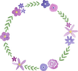 watercolor flower clipart, watercolor floral clip art, pink violet flower wreath round circle frame, flower arrangement illustration on white background
