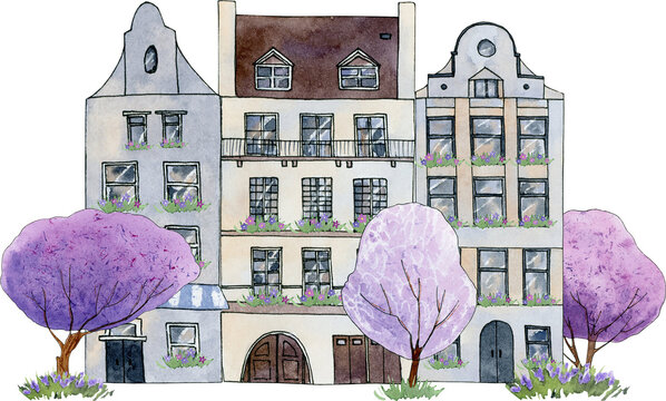 watercolor house clipart, spring city town, pink violet blossom tree clip art,  paris house illustration clipart, valentines day card on white background