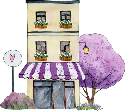 watercolor house clipart, spring city town, pink violet blossom tree clip art,  paris house illustration clipart, valentines day card on white background