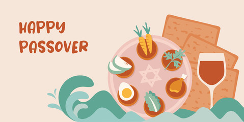 Passover greeting card and abnner. Seder pesach invitation, greeting card template or holiday flyer. happy Passover in English and Hebrew. vector illustration