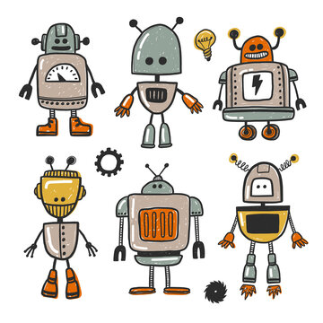 Robot character hand drawn illustration set. Super geek. Cute robot toy sticker collection. Grunge stylized living machine. Comic modern humanoid poster design element.
