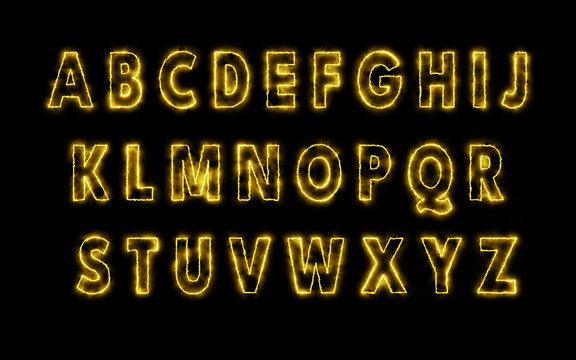 Electrical energy Letters set  isolated on black background. Energetic alphabets with yellow Energize effect and Soft Smokes. 