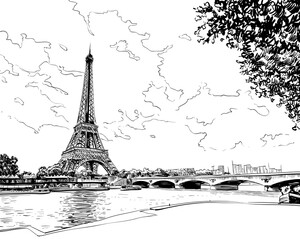 Eiffel Tower vector sketch. Paris, France. Hand drawn vector illustration - 486451353