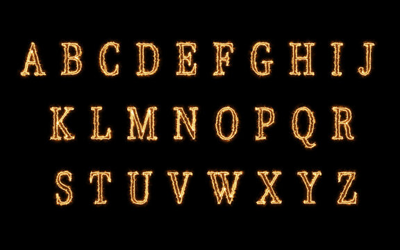 Letters Set Burning with solar fire flames effect. Hot Flaming Alphabets Collection isolated on Balck 