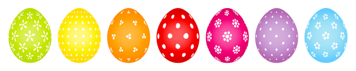 7 Bunte Ostereier Mit Weißen Mustern Regenbogenfarben Punkte & Blumen