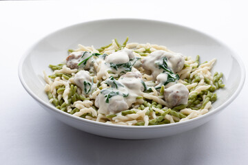 Pasta con pollo y salsa de queso, comida italiana. Pasta with chicken and cheese sauce, Italian food.